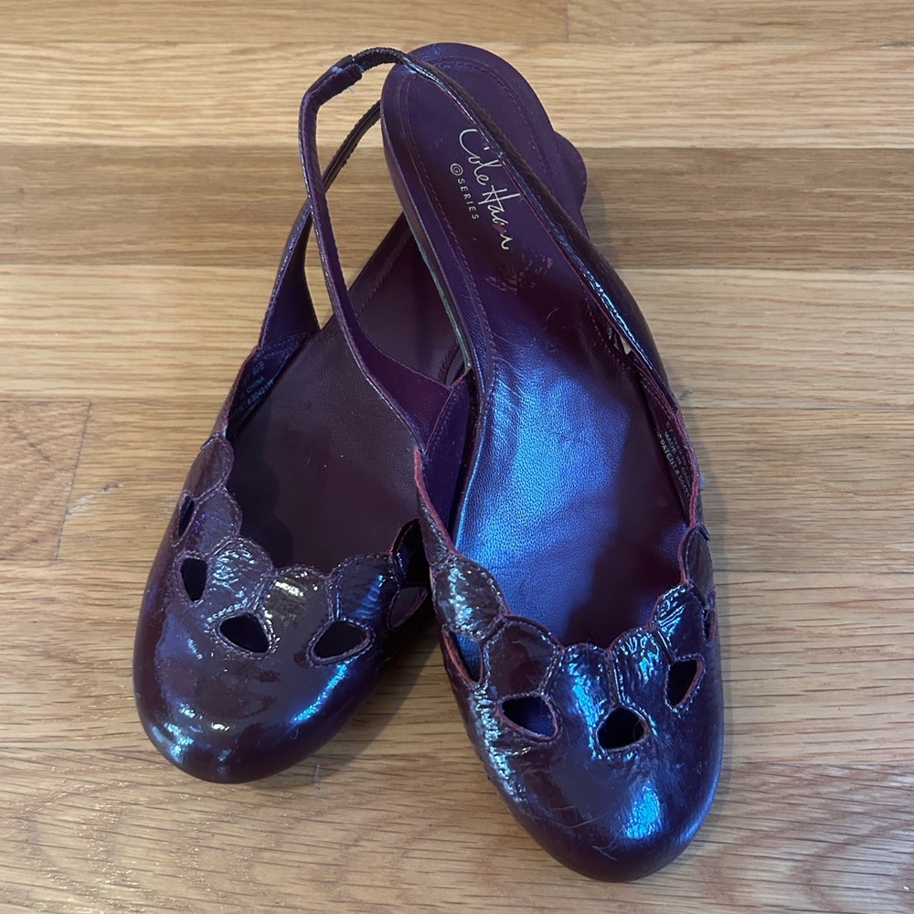 VGUC Cole Haan Patent Leather Slingback‎ Cutout Round Toe Flats - Burgundy Wine